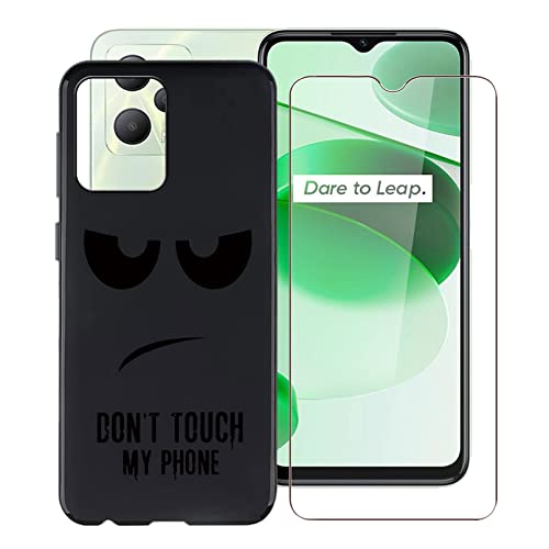 HHUAN Handyhülle Hülle für Realme C35 RMX3511 (6.6") + 1 Stück Gehärtetem Glasfolie, Schwarz Weiche Silikon Cover Case, Kratzfest TPU Bumper Schutzhülle für Realme C35 RMX3511 - DUO5 von HHUAN