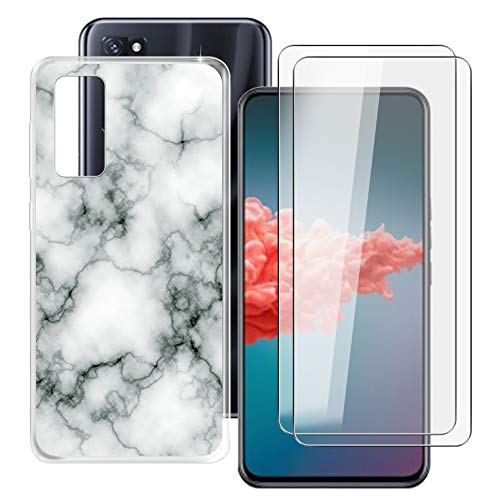 HHUAN Hülle + 2 Stück Gehärtetes Glas, für ZTE Axon 20 5G (6.92 Zoll) HD Displayschutzfolie und Transparent Weiche Silikon TPU Bumper Stoßfest Schutzhülle Case Cover - WM73 von HHUAN