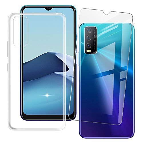 HHUAN Hülle + Gehärtetes Glas für Vivo Y20 2021 (6.51 Zoll), HD Displayschutzfolie und Transparent Weiche Silikon TPU Bumper Stoßfest Schutzhülle Case Cover - Clear von HHUAN