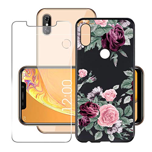 HHUAN Hülle für Gigaset GS190 Case Weiche Schwarz Silikon Rote Rose Schale TPU Schutzhülle Cover + HD Gehärtetem Glasfolie Displayschutzfolie für Gigaset GS190 (6.1") von HHUAN