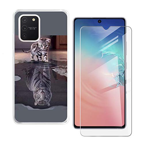 HHUAN Hülle für Samsung Galaxy S10 Lite Case Weiche Transparent Silikon Tiger und Katze Schale TPU Schutzhülle Cover + HD Gehärtetes Glas Displayschutzfolie für Samsung Galaxy S10 Lite (6.70") von HHUAN