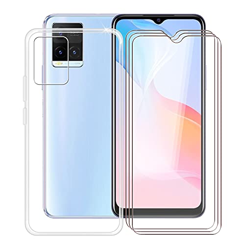 HHUAN Hülle für Vivo Y21 2021/V2111 (6.51") + 3 Stück Gehärtetes Glas, Hülle Schutzhülle Transparent Silikon TPU Cover Bumper + Gehärtetes Glas Film für Vivo Y21 2021/V2111 - Clear von HHUAN