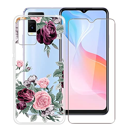 HHUAN Hülle für Vivo Y21 2021/V2111 (6.51") + Gehärtetes Glas.Transparent TPU Silikon Bumper Schale Schutzhülle + Gehärtetes Glas Film für Vivo Y21 2021/V2111 - YQ12 von HHUAN