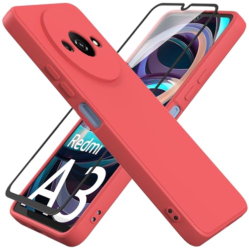 HHUIWIND Hülle für Kompatibel mit Xiaomi Redmi A3 4G (6,71 Zoll) mit 9D Schutzfolie,Handyhülle Liquid Silikon TPU Case Schutzhülle für Xiaomi Redmi A3 4G - Rot von HHUIWIND