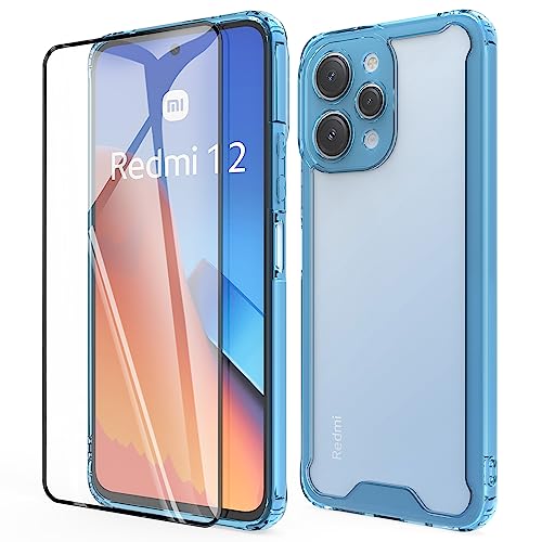 HHUIWIND Hülle für Xiaomi Redmi 12 4G / 5G 6,79 Zoll mit Schutzfolie,Stoßfeste Silikon TPU Bumper und PC Hardcase rutschfest Vergilbungsresistent Handyhülle - Blau von HHUIWIND