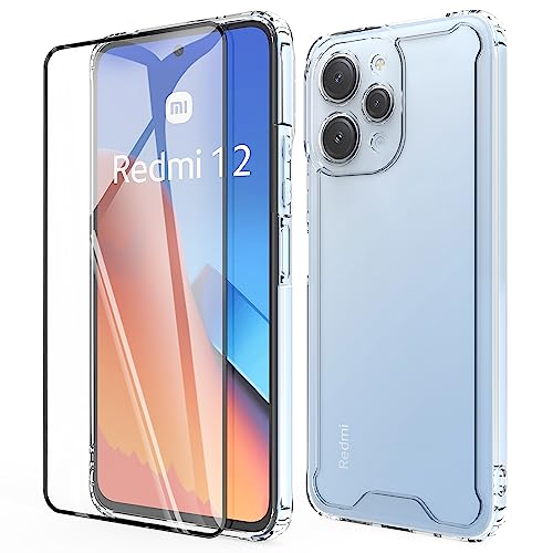 HHUIWIND Hülle für Xiaomi Redmi 12 4G / 5G 6,79 Zoll mit Schutzfolie,Stoßfeste Silikon TPU Bumper und PC Hardcase rutschfest Vergilbungsresistent Handyhülle - Transparent von HHUIWIND