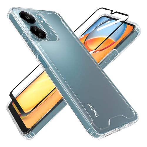 HHUIWIND Hülle für Xiaomi Redmi 13C 6,74 Zoll mit Schutzfolie,Stoßfeste Silikon TPU Bumper und PC Hardcase rutschfest Vergilbungsresistent Handyhülle - Transparent von HHUIWIND