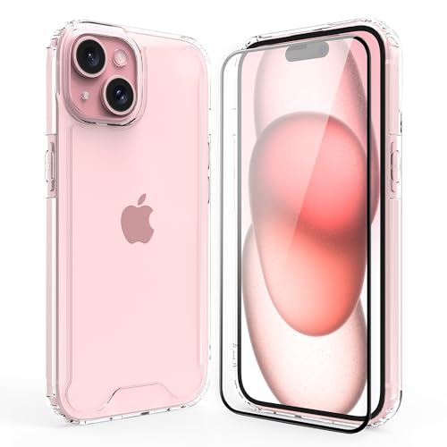 HHUIWIND Hülle für iPhone 15 6.1" mit Schutzfolie,Stoßfeste Silikon TPU Bumper und PC Hardcase rutschfest Vergilbungsresistent Handyhülle - Transparent von HHUIWIND