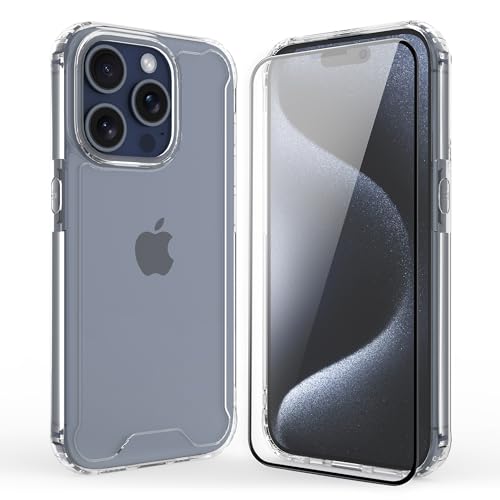 HHUIWIND Hülle für iPhone 15 Pro 6.1" mit Schutzfolie,Stoßfeste Silikon TPU Bumper und PC Hardcase rutschfest Vergilbungsresistent Handyhülle - Transparent von HHUIWIND