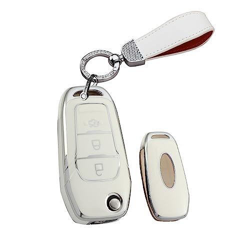 HIBEYO Klappschlüssel hülle Autoschlüssel hülle passt für Ford Schutzhülle Silikon Cover für Ford Focus MK2 Mondeo Galaxy Fiesta Schlüsselbox Schlüsselanhänger 3-Tasten-blingSchlüsselring Weiß von HIBEYO