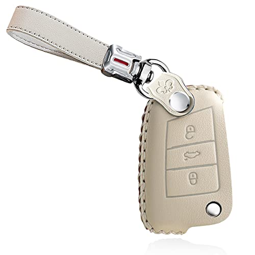 HIBEYO Klappschlüssel passt für Skoda Autoschlüssel Hülle Schutzhülle für VW Golf 7 MK7 Seat Leon Skoda Superb Leder Schlüsselhülle Cover Fernschlüssel Flip 3-Tasten mit Schlüsselanhänger-Weiß von HIBEYO