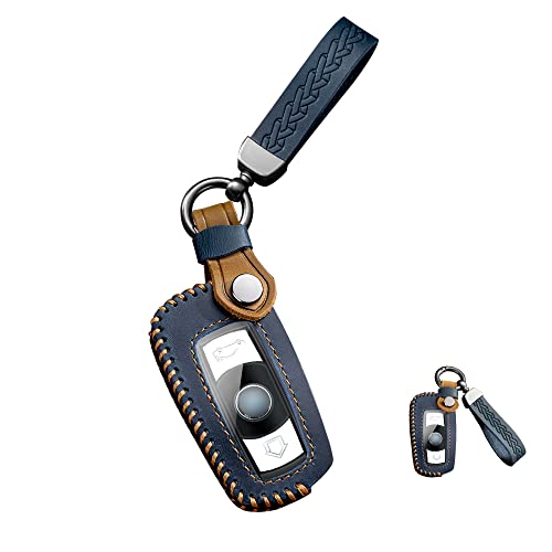 HIBEYO Smart Autoschlüssel Hülle passt für BMW lederSchlüsselhülle Schutzhülle für BMW E60 E70 E81 E88 E90 320 X1 X5 X6 Z4 1er 3er 5er Schlüsselanhänger Schlüsseletui 3Tasten(nur Keyless GO)-Blau von HIBEYO