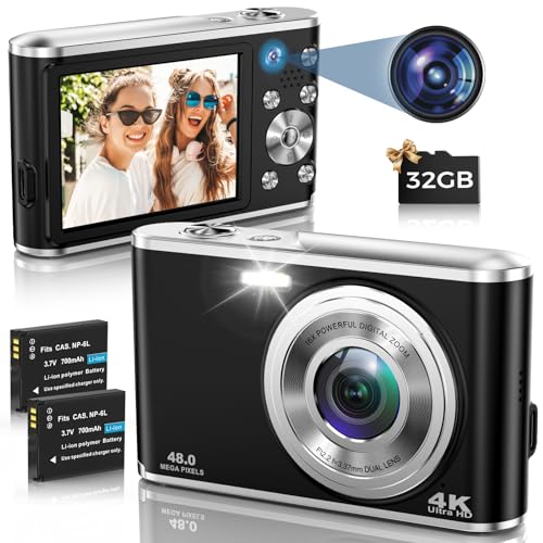 Digitalkamera, AutoFocus 4K Fotoapparat Digitalkamera mit Dual-Kamera mit 32GB Speicherkarte HD 48MP 16X Digitalzoom 2,8" großem Bildschirm Kompaktkamera Fotokamera für Einsteiger（Schwarz） von HICSHON