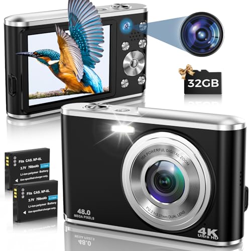 Digitalkamera, 4K AutoFocus Fotoapparat Digitalkamera mit Dual-Kamera mit 32GB Speicherkarte HD 48MP 16X Digitalzoom 2,8" großem Bildschirm Kompaktkamera für Einsteiger von HICSHON