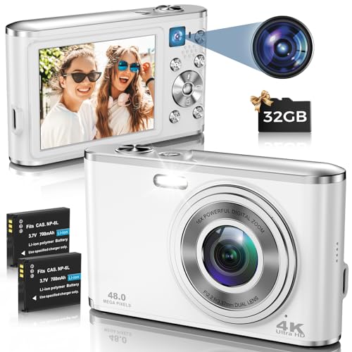 Digitalkamera, AutoFocus 4K Fotoapparat Digitalkamera mit Dual-Kamera mit 32GB Speicherkarte HD 48MP 16X Digitalzoom 2,8" großem Bildschirm Kompaktkamera Fotokamera für Einsteiger（weiß） von HICSHON