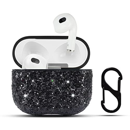 HIDAHE AirPods 3 Cover, Glitter Airpods 3 Hard Skin, Airpods 3 Zubehör mit Schlüsselanhänger, Hülle für Airpods 3 Generation 2021 Ladehülle, Black03 von HIDAHE