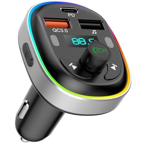 Bluetooth Car Adapter,HIDOU FM Transmitter Radio Wireless In-Car Kit mit Buntem Licht,Siri Voice Assistant,Freisprecheinrichtung, QC3.0/PD3.0 18W Fast Charge,U-Disk/Tf Card/Bluetooth Mp3 Player von HIDOU