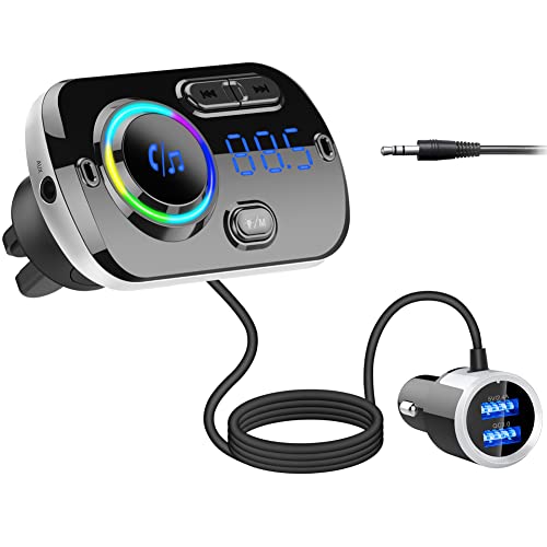 Bluetooth FM Transmitter für Autoradio,HIDOU Bluetooth 5.0 Autoradio Adapter Empfänger mit 7 Farblicht KFZ-Ladegerät,Dual USB QC3.0/2.4 A,Siri Voice Assistant, Freisprecheinrichtung Mp3 Player von HIDOU