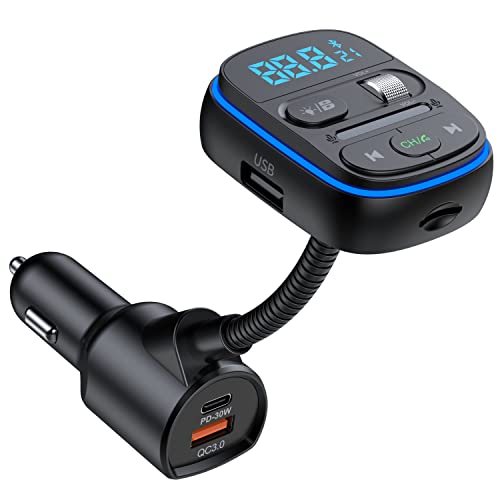 FM Transmitter Auto Bluetooth, HIDOU Wireless Bluetooth 5.0 Autoradio Adapter Empfänger Car Kit mit Bass, 7 Farblicht, QC3.0 PD 30W Schnellladung, Siri Google Assistant, Freisprechanruf, MP3-Player von HIDOU