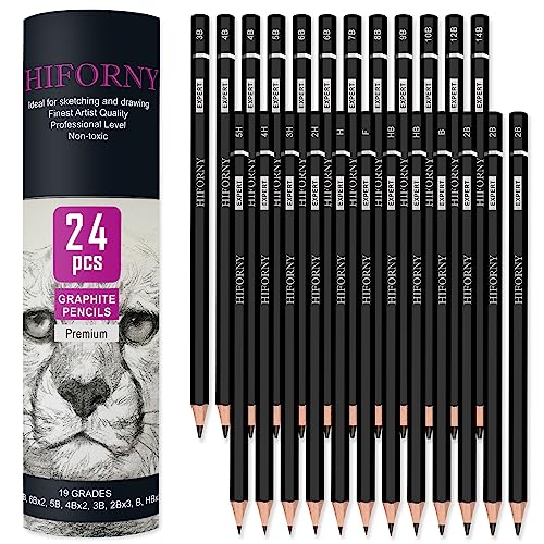 HIFORNY 24-teiliges Graphit-Skizzierstifte-Set – Graphitstifte (14B – 5H), Skizzenstifte, Zeichenstifte, Zeichenstifte, Kunststifte mit 19 Graden – ideal für Anfänger und Künstler von HIFORNY