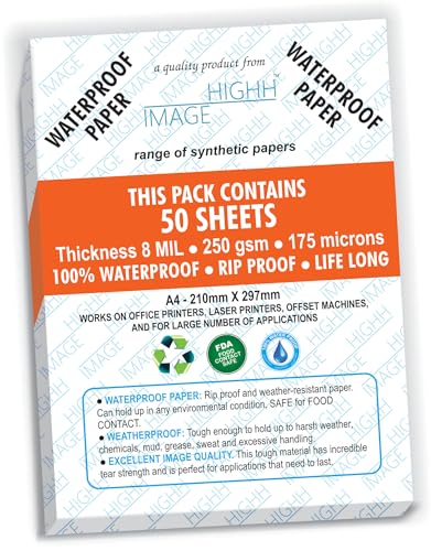 Wasserdichtes Papier, 50 Blatt, Stärke 8 MIL, 250 GSM, synthetisches Papier, 210 x 297 mm von HighH Image, Druck mit Laserdruckern, Bürodrucker Wasserdichtes Papier, 50 Blatt, Stärke 8 MIL, 250 GSM, synthetisches Papier, 210 x 297 mm von HighH Image, Druck mit Laserdruckern, Bürodrucker von HIGHH IMAGE