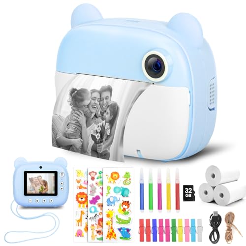 Sofortbildkamera Kinder, 2,4 Zoll 2.5K HD Kinderkamera Sofortbild Kamera Sofortdruck mit 32GB Karte, 3 Druckpapier, 10 Fotoclips, 5 Stiften, 3 Aufkleber Geschenk Digitalkamera Kinder 3-12 Jahren von HIGSPE