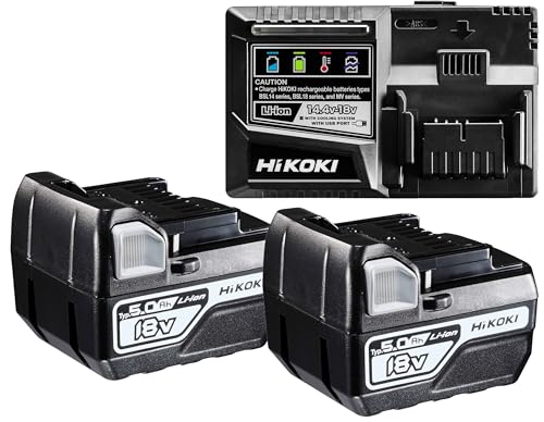 HIKOKI Wechselakku, BSL1850C (18V (5,0 Ah) Li-ion Akkus, Farbige LED Anzeige, mit integriertem Kühlventilator) Plus Ladegerät UC18YFSL von HIKOKI