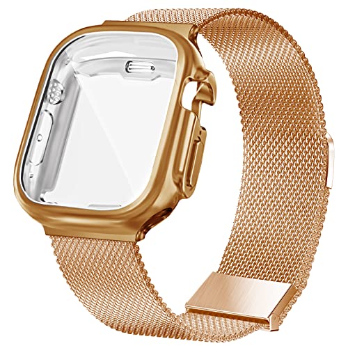 HILIMNY Armband und Hülle Kompatibel mit Apple Watch Armband 40mm, Frauen Männer Edelstahl Metall Mesh Ersatzarmband mit Neuen Magnet für iWatch Serie Ultra SE und 9/8/7/6/5/4 Rosa Gold von HILIMNY