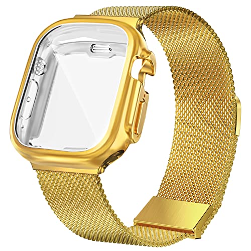 HILIMNY Armband und Hülle Kompatibel mit Apple Watch Armband 45mm, Frauen Männer Edelstahl Metall Mesh Ersatzarmband mit Neuen Magnet für iWatch Serie Ultra SE und 9/8/7/6/5/4 Gold von HILIMNY