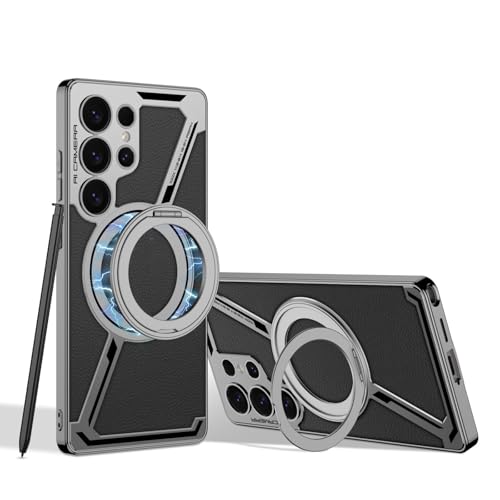 HILQBUFN Leather Case for Samsung Galaxy S25 Ultra, Magnetic Stand Mobile Phone Case with Wireless Charging, Shockproof Galvanised Case, Grey, S25 Ultra von HILQBUFN