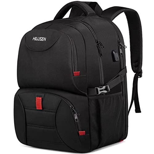 Groß Rucksack Herren 50L,Arbeit Laptop 17.3 Zoll Schulrucksack mit USB Ladeanschluss Business Reisen Notebook Tasche für Männer Frauen Jungen Teenager Schwarz von HILUSEN