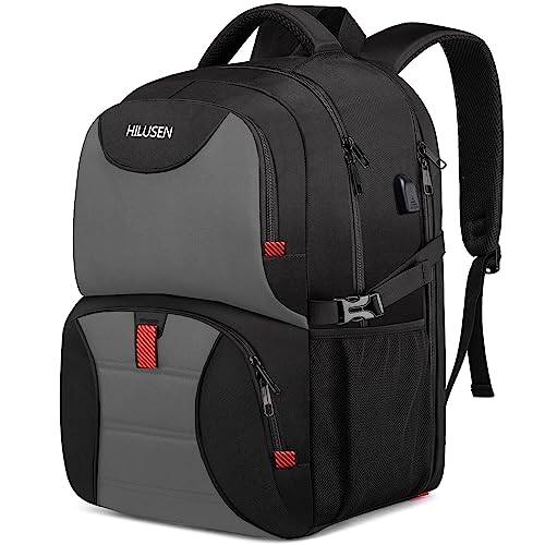 Groß Rucksack Herren 50L,Arbeit Rucksack 17 Zoll Laptop Rucksack mit USB Ladeanschluss,wasserdicht Schulrucksack Business Reisen Notebook Tasche Rucksäcke für Männer Frauen Jungen Teenager Grau von HILUSEN