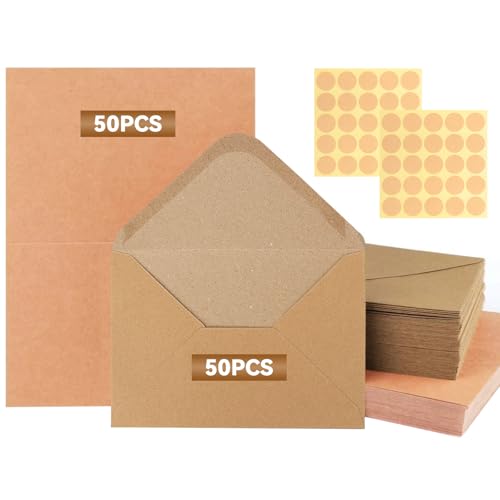 HIMOMO 50 Stück Braun Briefumschläge，Briefumschläge Kraftpapier Din C6 Mit Blanko Karten Und Selbstklebende Etiketten, Für Hochzeiten, Dankeskarten, Weihnachtskarten Einladungskarten von HIMOMO