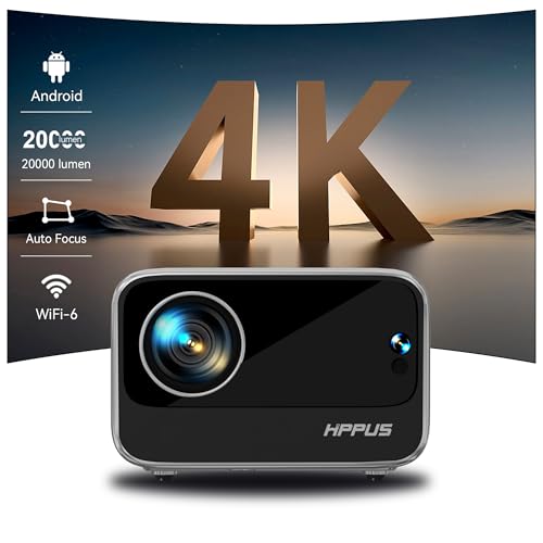 Hippus Smart Beamer 4K Heimkino, Elektrischer Fokus Android Projektor 1080P Full HD, WiFi 6 Bluetooth 5.2 Video Minibeamer Handy Kompatibel mit Smartphone Weiß von HIPPUS