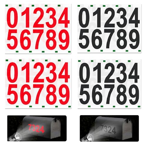 40 Stück Reflektierende Nummernaufkleber 0-9, 54 x 97mm（4 Zoll）Wasserdicht Selbstklebendes Vinyl Zahlen Kit für Postkasten, Schilder, Fenster, Tür, Autos, Adress Nummer (2 Schwarz 2 Rot) von HIQU and HIST
