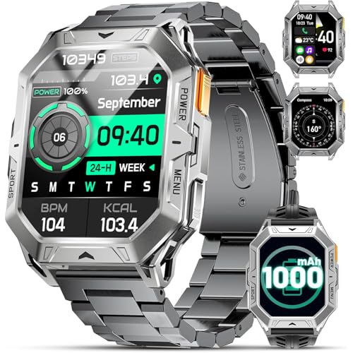 Smartwatch Herren Militär mit 1000 mAh 50 Tage Akku 2,13 Zoll AMOLED Display Kompass/Podómetro/Herzfrequenz/Barometer Bluetooth Anruf 10 ATM Wasserdicht Android iOS Smartwatch Herren von HIRREO