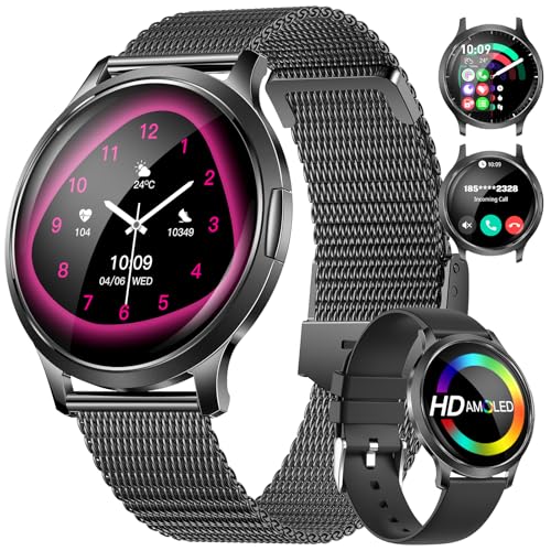 Smartwatch Damen Telefonischer Anruf Dünner 1.32" HD AMOLED Touchscreen Smartwatch Damen Schwarz Kompatibilität iOS Android,2 Armbändern,100+ Sportmodi/Herzfrequenz/Schlafmonitor/Menstruationszyklus von HIRREO
