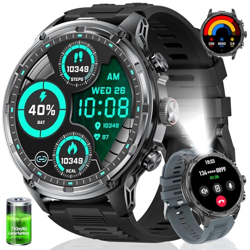 Smartwatch Herren(Telefonfunktion),1.85‘’ HD Großes Display/710 mAh Akku Sportuhr Herren mit Taschenlampe/5ATM Wasserdicht/120+ Sportmodi Fitnessuhr mit Herzfrequenz,Schlafmonitor für Android iOS von HIRREO