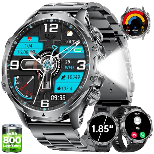 Smartwatch Herren Militär-1.85" HD Großes Display für Android iOS/800 mAh Akku, Taschenlampe Herren mit Telefonfunktion/100+ Sportmodi, Schrittzähler Kalorien Fitness-Tracker Uhr mit 5ATM Wasserdicht Smartwatch Herren Militär-1.85" HD Großes Display für Android iOS/800 mAh Akku, Taschenlampe Herren mit Telefonfunktion/100+ Sportmodi, Schrittzähler Kalorien Fitness-Tracker Uhr mit 5ATM Wasserdicht von HIRREO