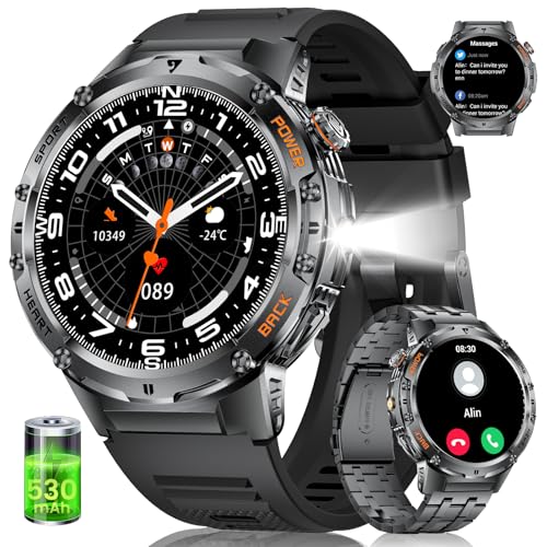 Smartwatch Herren mit LED-Taschenlampe,530mAh Batterie,1.43" AMOLED Aktivitätstracker mit Telefonfunktion für Android iOS,5ATM Wasserdicht 120+Sport Modi,Herzfrequenz/schlafen/Calorie Smartwatch von HIRREO