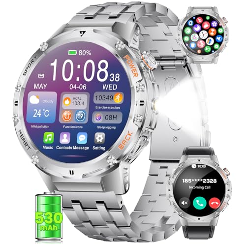 Smartwatch Herren mit LED-Taschenlampe,530mAh Batterie,1.43" AMOLED Aktivitätstracker mit Telefonfunktion für Android iOS,5ATM Wasserdicht 126Sport Modi,Herzfrequenz von HIRREO