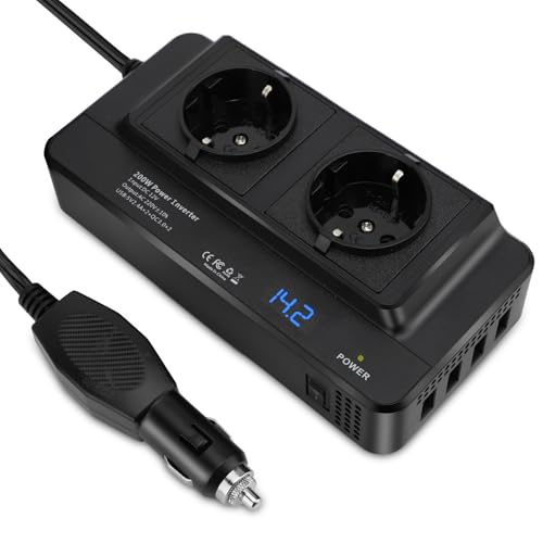 200W Auto Spannungswandler Wechselrichter DC 12V auf AC 230V Autoladegerät Adapter mit 4 USB Anschlüssen und Zwei AC Ausgängen, Mehrfachschutz Auto Stromwandler, Schnelllade von HISUEKIG