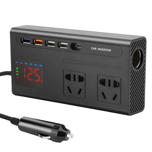 Vielseitiger Wechselrichter, 200W Auto Stromrichter mit Großer Digitalanzeige, Type-C Schnittstelle, Mehreren Schutzfunktionen, Kompakt und Tragbar von HISUEKIG