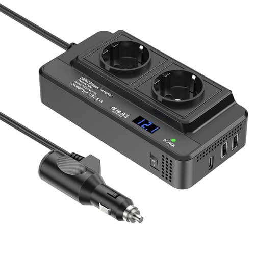 200 W Auto-Spannungswandler, Wechselrichter, DC 12 V auf AC 230 V, mit 2 Steckdosen und 3 USB-Anschlüssen, Schnelllade-Autoladegerät mit Zigarettenanzünderstecker für Geschäftsreisen und Urlaub 200 W Auto-Spannungswandler, Wechselrichter, DC 12 V auf AC 230 V, mit 2 Steckdosen und 3 USB-Anschlüssen, Schnelllade-Autoladegerät mit Zigarettenanzünderstecker für Geschäftsreisen und Urlaub von HITRENDS