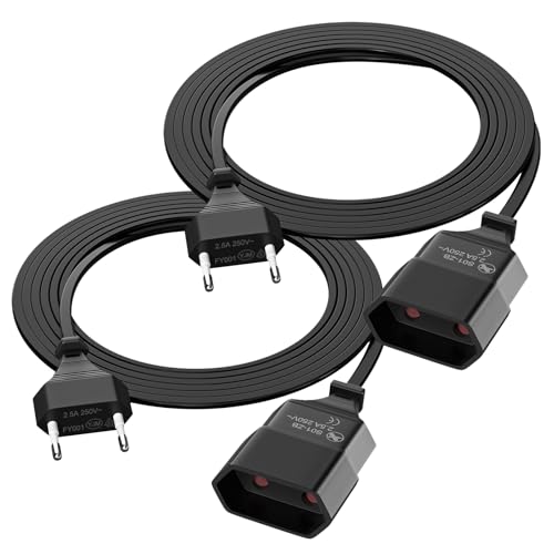HITRENDS Euro Flachstecker Verlängerung, 2M Netzkabel Verlängerungskabel, Euro Stecker Verteiler,Typ-C Eurobuchse, für TV PC Computer Monitor Beamer Lampe Haushaltsgeräte (2 Stück, Schwarz) von HITRENDS
