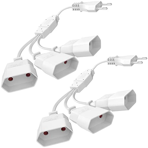 Verlängerungskabel 3-Fach Eurostecker, [2 stück] Euro Verlängerung 0,3M Kurzes Netzkabel, 3-in-1 Stromkabel Dreifach Typ-C-Stecker, 0,75 mm² Max.2,5A/250V für TV PC Computer Monitor Beamer Lampe, Weiß von HITRENDS