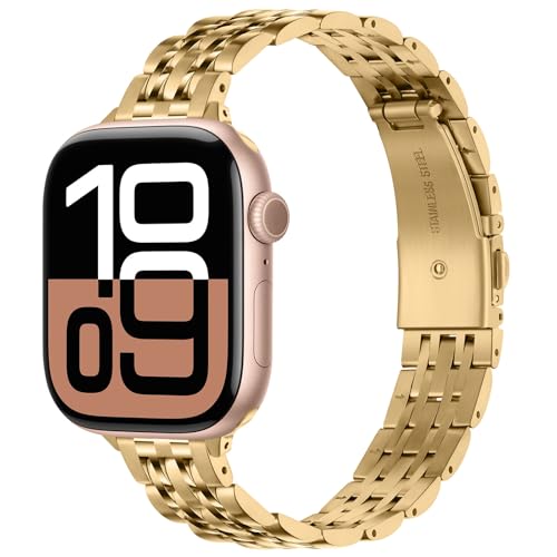 HITZEE Dünnes Metallband Kompatibel with Apple Watch Armband 42mm 41mm 40mm 38mm, Schlankes Edelstahlband Damen Armbänder Kompatibel für iWatch Serie 10 9 8 7 SE 6 5 4 3 2 1, Gold von HITZEE