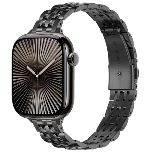 HITZEE Dünnes Metallband Kompatibel with Apple Watch Armband 42mm 41mm 40mm 38mm, Schlankes Edelstahlband Damen Armbänder Kompatibel für iWatch Serie 10 9 8 7 SE 6 5 4 3 2 1, Schwarz von HITZEE