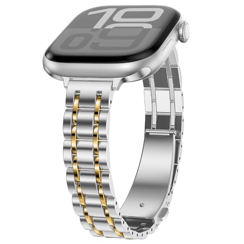 HITZEE Dünnes Metallband Kompatibel with Apple Watch Armband 42mm 41mm 40mm 38mm, Schlankes Edelstahlband Damen Armbänder Kompatibel für iWatch Serie 10 9 8 7 SE 6 5 4 3 2 1, Silber Gold HITZEE Dünnes Metallband Kompatibel with Apple Watch Armband 42mm 41mm 40mm 38mm, Schlankes Edelstahlband Damen Armbänder Kompatibel für iWatch Serie 10 9 8 7 SE 6 5 4 3 2 1, Silber Gold von HITZEE