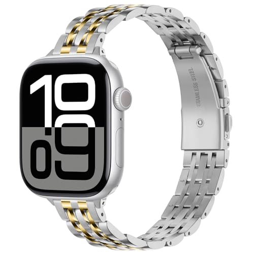 HITZEE Dünnes Metallband Kompatibel with Apple Watch Armband 42mm 41mm 40mm 38mm, Schlankes Edelstahlband Damen Armbänder Kompatibel für iWatch Serie 10 9 8 7 SE 6 5 4 3 2 1, Silber Gold von HITZEE